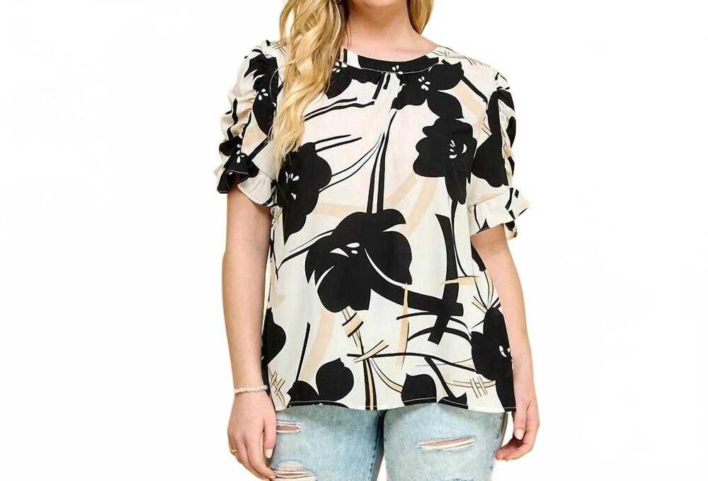 NEW POPPI elbow sleeve ruffle blouse in ecru/ black